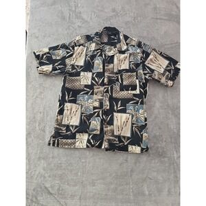 WF Mens Large Silk Short Sleeve Button Up Shirt Bamboo Floral‎ Print